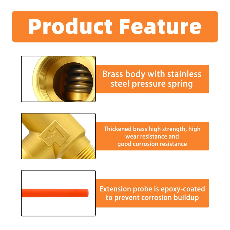 GASHER 1/2" NPT RV Water Heater Temperature & Pressure Relief Valve with Epoxy-Coated Probe, For Hot Water Heater Tanks 1/2" NPT (Epoxy-Coated Probe)