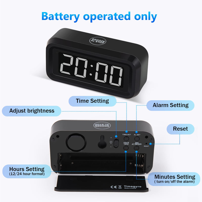 Digital Alarm Clock Battery Operated with LED Display for Bedrooms, Long Battery Life for 12 Months, 3 Brightness Adjustable, 12/24 Hour, Snooze, Black Case with White Digits Black-white