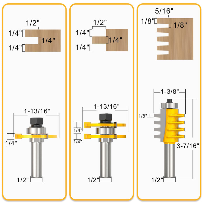 MEANLIN 3PCS Reversible Finger Joint Router Bit & Tongue and Groove Router Bit 1/2 Inch Shank Woodworking Carbide Joinery Wood Milling Cutter for Cabinet Door, Frames and More 1/2 in