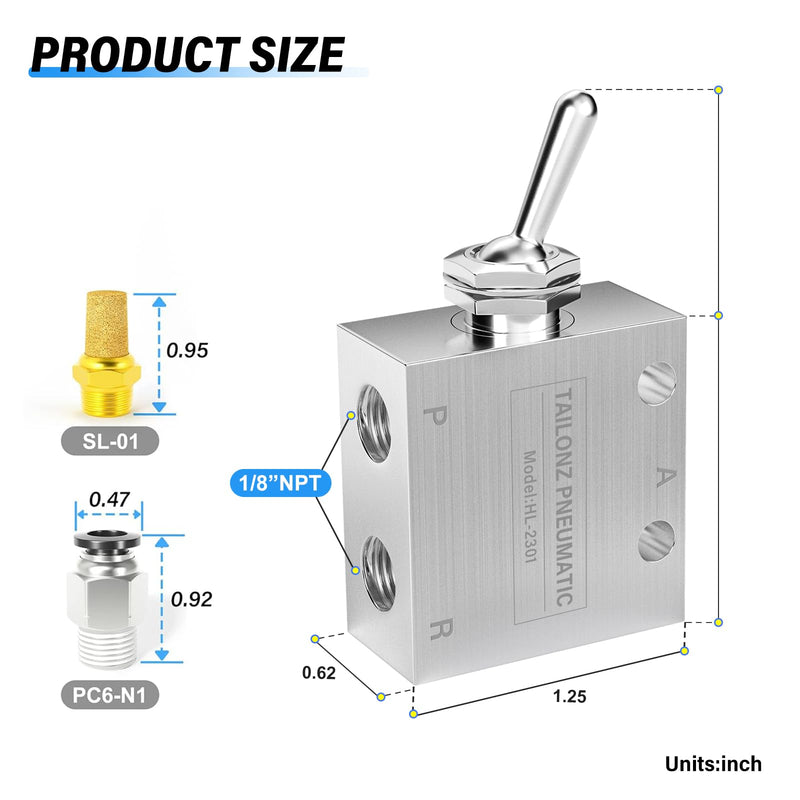TAILONZ PNEUMATIC 1/8 Inch NPT 2 Position 3 Way Normally Air Mechanical Valve Pneumatic Valve Switching Directional Valve HL-2301 1/8"NPT