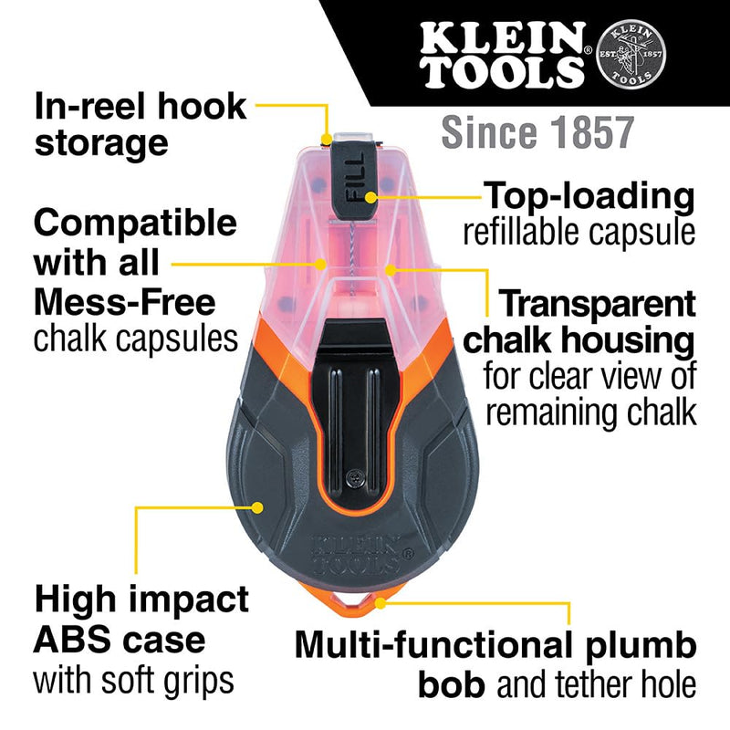 Klein Tools CHLK100 Manual Chalk Line, 100-Foot Nylon Thread Chalk Line Tool for Precise and Clear Lines with Built-in Plumb Bob Fillable Manual Retracting