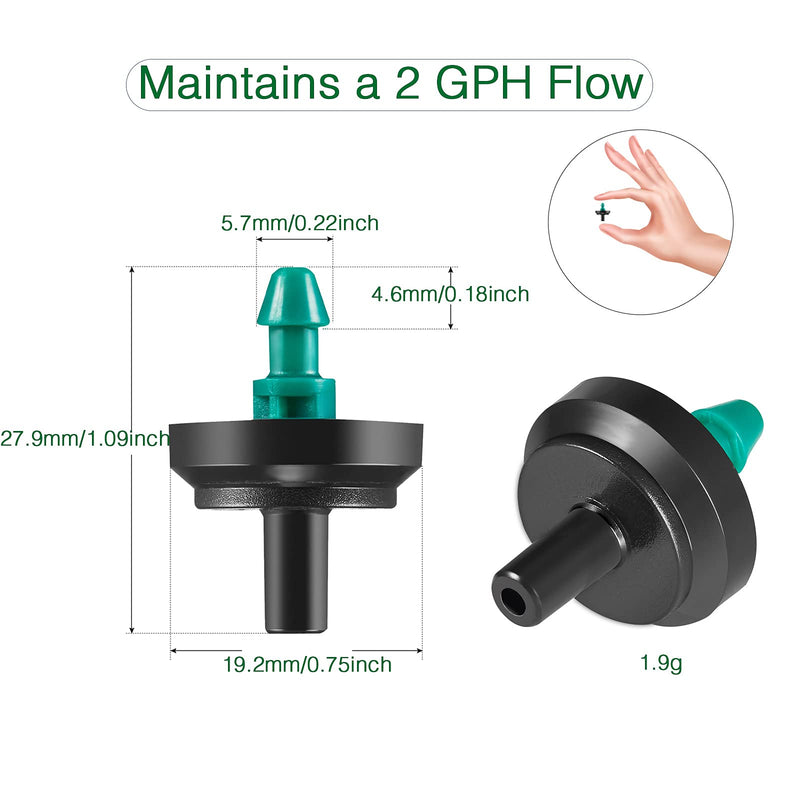 2 GPH Irrigation Drippers & Drip Emitters Maintain Constant Flow, 2 GPH Pressure Compensating Drippers, 2 GPH Inline Drippers & Drip Irrigation Emitters, 50 Per Bag, Green/Black