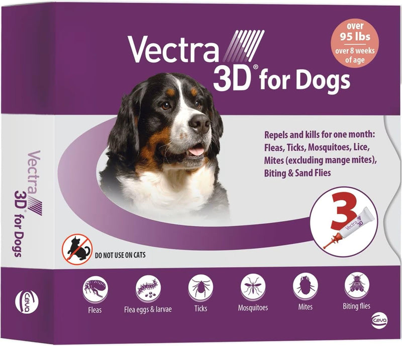 Vectra 3D Flea and Tick Prevention for Dogs, Kills and Repels Fleas, Ticks & Mosquitoes | Fast‑Acting, Waterproof, No Prescription Needed | Extra Large Dogs Over 95 lbs, 3‑Month Supply 3 Pack