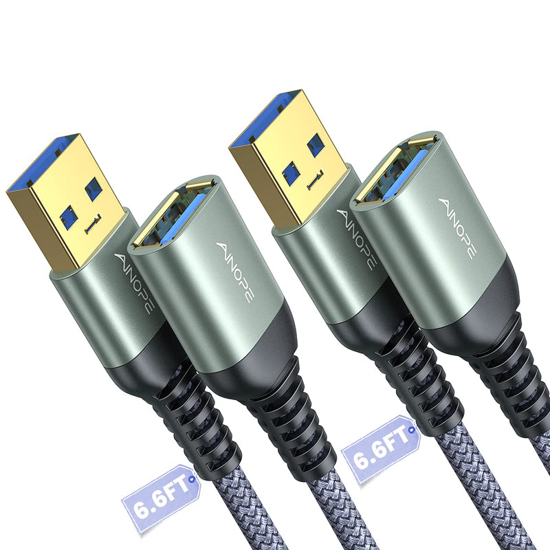 AINOPE 2 Pack USB Extensions Cable High Speed USB 3.0 Extension Cord Type A Male to Female Sturdy Braided Material Fast Data Transfer Compatible with USB Keyboard,Mouse,Flash Drive,Grey,6.6FT+6.6FT 6.6FT+6.6FT Grey
