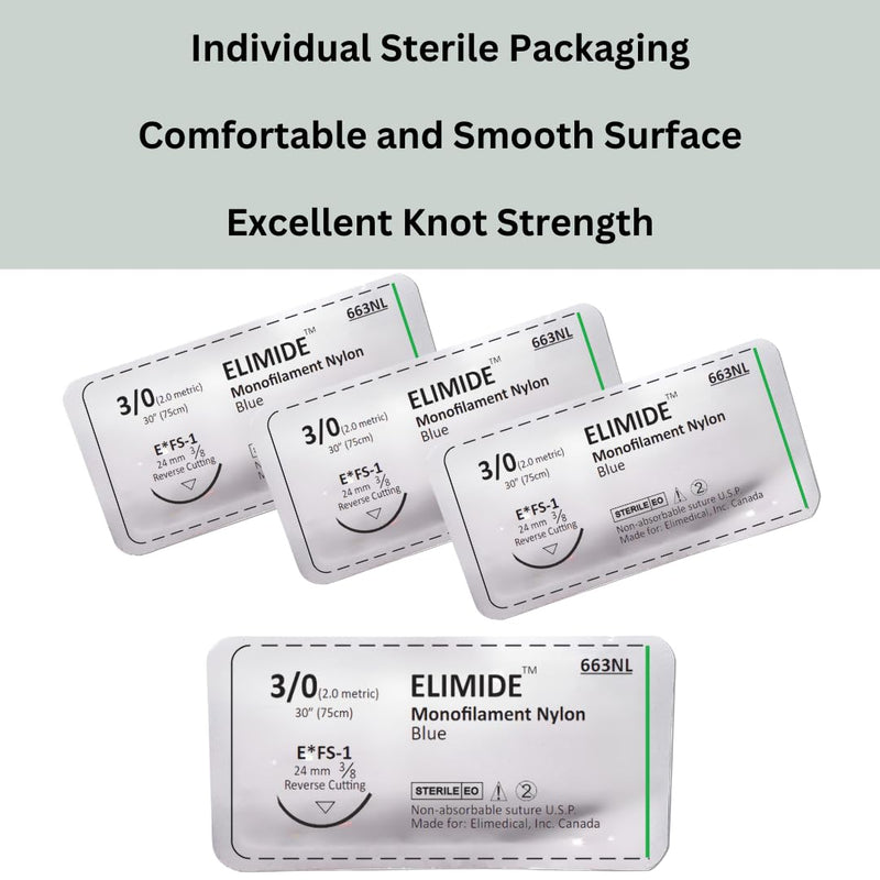 ELIMIDE Veterinary Nylon Non-Absorbable Monofilament Sutures, Reverse Cutting 3/8 Circle, 24mm, 3/0 30 inch (76 cm), 12 Individual Pack, FS1, Blue, 663NL