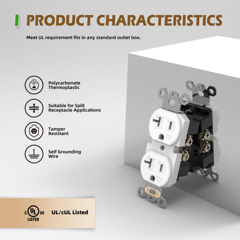 Duplex Wall Receptacle Outlets, 20A Tamper-Resistant Electrical Receptacle, 2 Pole 3 Wire, Self-Grounding, Residential Grade Wall Power Socket, White, UL Listed, 10 Pack 20 Amp