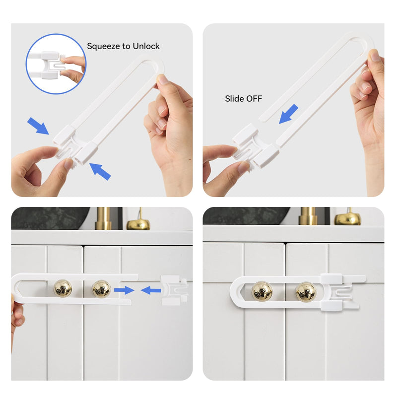 10 Pack Baby Sliding Cabinet Locks - Safeasy Adjustable U Shaped Child Safety Locks,Childproof Latches for Kitchen Bathroom Storage Cupboards Doors, Handles and Knobs (white, 10) White