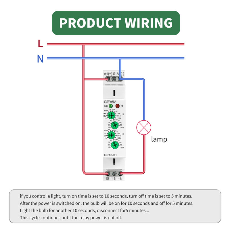 GEYA 10A Asymmetric Cycle ON/Off Repeat Cycle Timer Relay 1SPDT DIN Rail(GRT6-S1,AC/DC 24V-240V) AC/DC24V-240V Grt6-s1