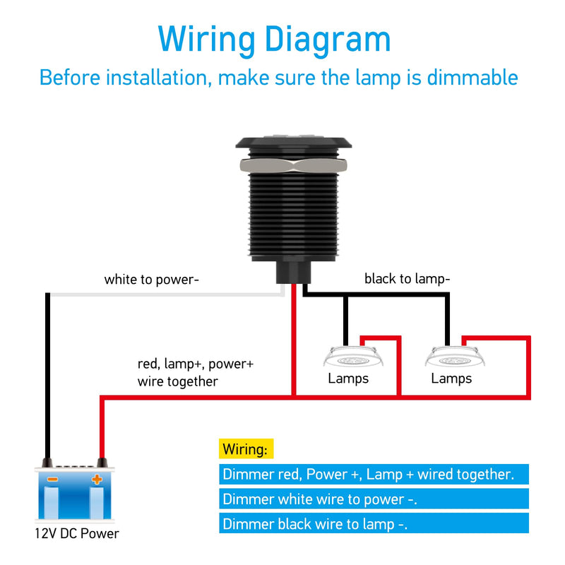 Acegoo 12V Dimmer Switch for LED RV Lights - Push Button with Red Ring Light, Ideal for RV, Camper Van, Boat, Truck, Cars Lighting & LED Strip Light - DC12-24V 6A Full Aluminum (Black-2Pcs) Black-2Pcs