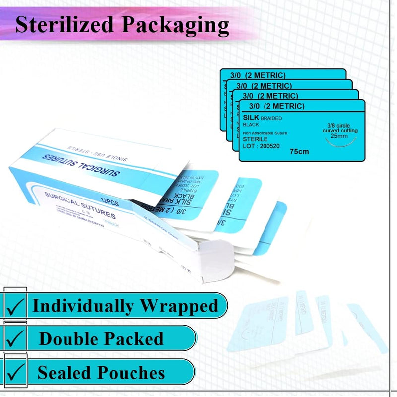 HTI Practice Suture Thread 3-0 Silk Sterile with Needle Box of 12 Pcs for Nursing Student Training Kit Practicing Suturing MD, RN, EMT, Vet Demo