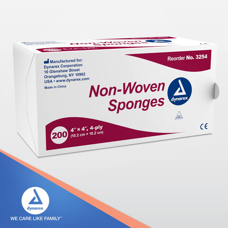 Dynarex Non-Woven Sponges, Non-Sterile, Gauze Sponges, for Cleansing, Prepping and Dressing, Highly-Absorbent and with Less Linting, 4"x 4", 4 Ply, 1 Box of 200 Non-Woven Sponges No Flavor 200 Count (Pack of 1)