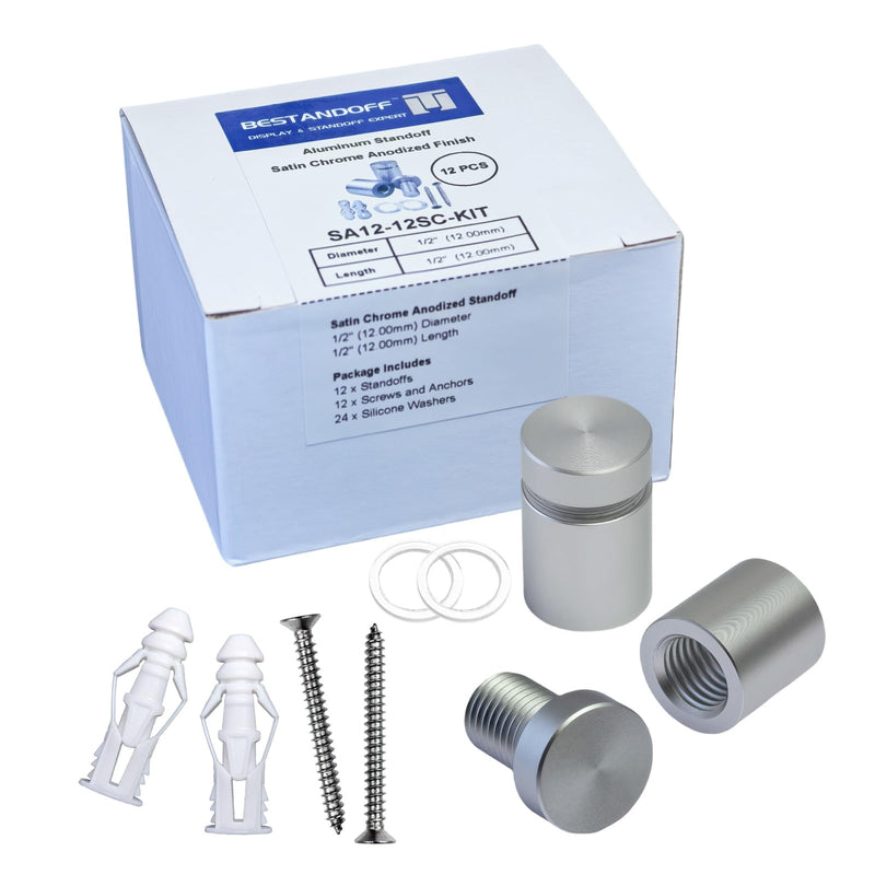 Pack of 12 Aluminum Wall Spacers, Standoff Screws, Sign Standoff Mounting Hardware Glass Standoff for Acrylic Signs (Satin Chrome, 1/2" x 1/2") 1/2" X 1/2" Satin Chrome