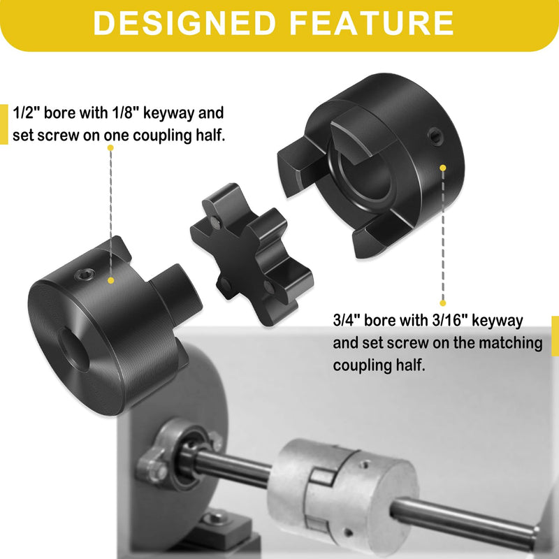 1/2" to 3/4" L075 Flexible 3-Piece L-Jaw Coupling Coupler Set & Buna-N NBR Rubber Spider for Log Splitter Hybrid Equipment