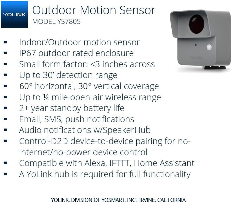 YoLink LoRa Smart Outdoor Motion Detector Sensor, Driveway Alert, Property Invasion/Tresspassing Detector, 1/4 Mile Open Air Range, Email/SMS/Push Alerts, Alexa, IFTTT, Home Assistant (Hub Required) Outdoor without Hub