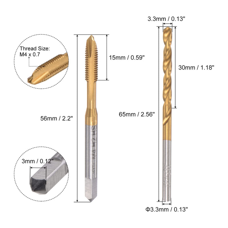 uxcell M4 x 0.7 Spiral Point Thread Tap and 3.3mm Twist Drill Bit Set, Metric Titanium Plated 6542 High Speed Steel Machine Screw Thread Tap Threading Tool