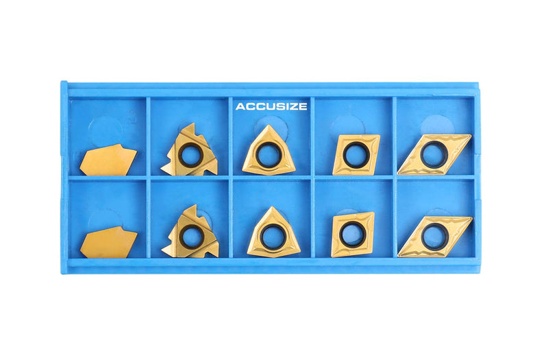 Accusize Industrial Tools 2 Pc of Each Kind of Carbide Inserts for 2988-0058, Tin Coated, Total 10 Pieces, 2988-0058Inserts | 2 Each of 16ER, GTN-3, WCMT32.5, CCMT32.5, and DCMT32.5; TiN and CVD Coated for Steel, 2988-0058INSERTS