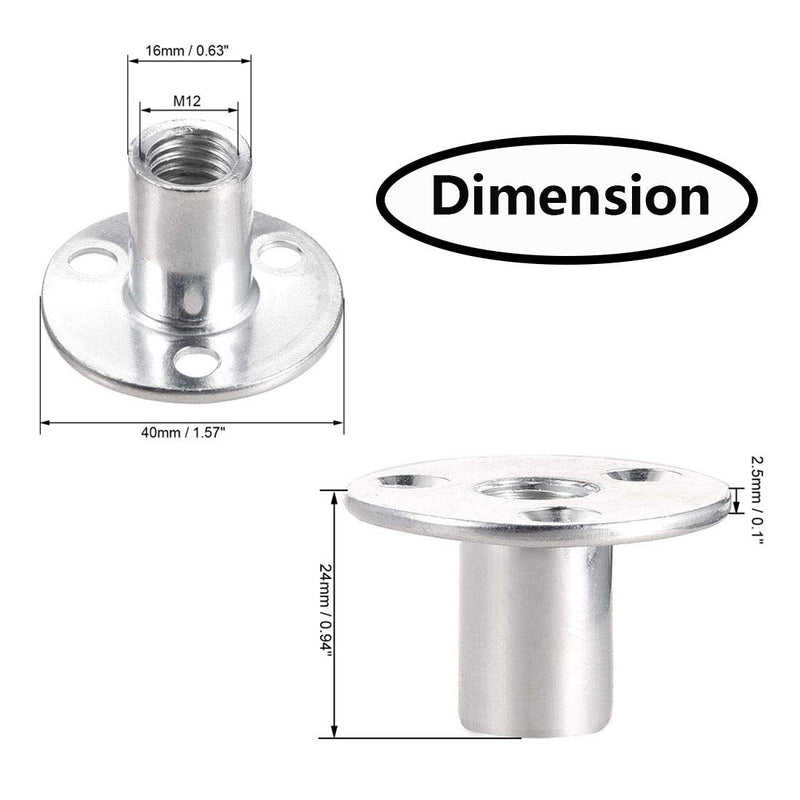 Socell M12 Brad Hole Tee Nut Carbon Steel Round Base Screw-in T-Nuts Furniture Hardware Flange Insert Female Thread T-Nut M12x40x2.5mm（5pcs）