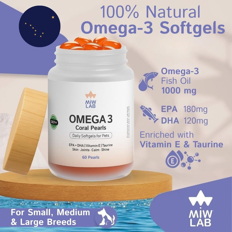 Omega 3 Fish Oil for Dogs and Cats EPA + DHA + Taurine + Vitamin E Vet Developed Formula 60 Softgels Supplement for Strong Joints Arthritis Support Soft Coat and Natural Shine Wild-Caught Salmon
