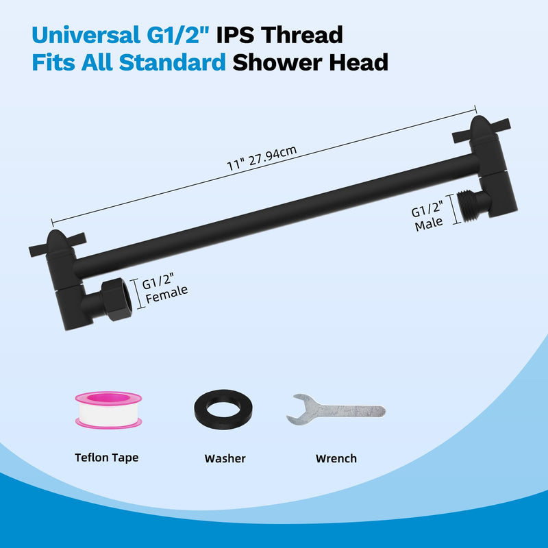 All Metal 11" Black Shower Head Extension Arm, Brass Flexible Shower Head Extender Adjustable Height & Angle, G1/2" Universal Stainless Steel Pipe Extending with Lock Joint for Rain/Fixed Showerhead 11 Inch Matte Black