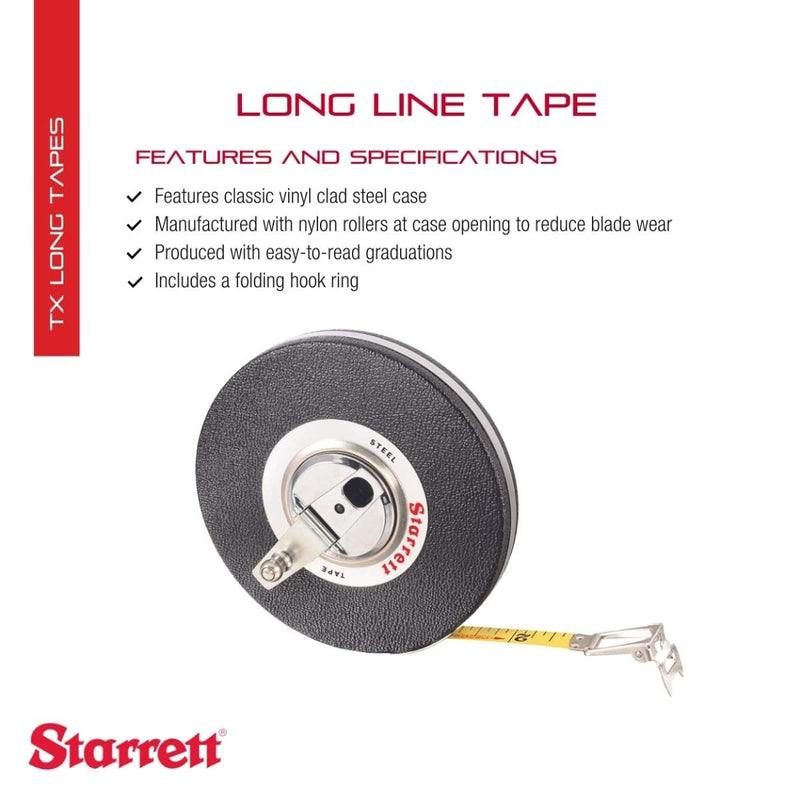 Starrett Closed Reel Long Line Tape with Nylon Rollers, Rewind Mechanism, and Folding Hook Ring - 100' Length, 3/8" Width, 1/8" Graduations, L1 Graduation Style Number - 530-100 30.5 m English