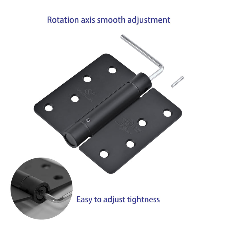 2 Pieces Self Closing Door Hinge 4 inch Matte Black Auto Close Hinge Adjustable 4 x 4 Inch Spring Hinges Door Closer Hinge 1/4" Radius Corner Commercial Auto Self-Closing Hinge