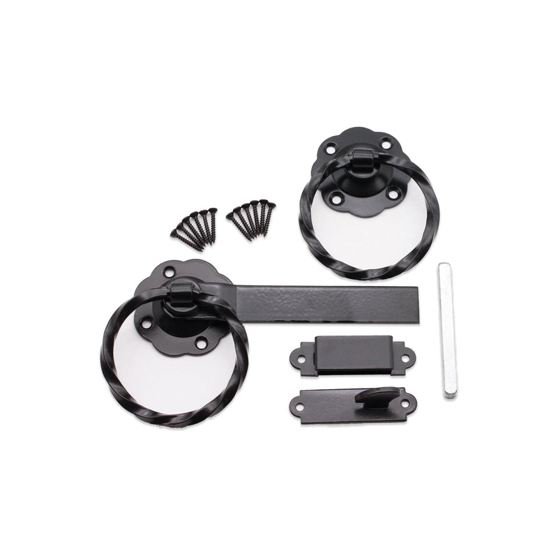 Infinity Decor 6” 150mm Heavy Duty Twisted Ring Gate Latch Lock Set in Black/Zinc Finish for Wooden Garden Gate, Sheds Door, Barn & Garage Gates (Black)