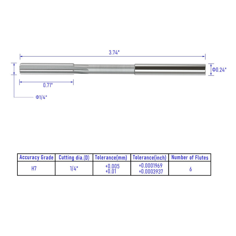Chucking Reamer 1/4", H7 HSS Cobalt M35 Lathe Machine Reamer Metric, 6 Straight Flutes, Round Straight Shank Milling Cutting Tool, for Stainless Steel Alloy Copper Metal 1/4 inch