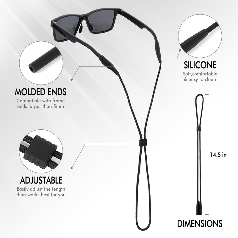 Eyeglasses Holder Strap - 3 Pcs Adjustable Eyewear String Lanyard Retainer - Sunglasses Strap for Men, Women and Kids - Eyeglass Holders Around Neck - Black