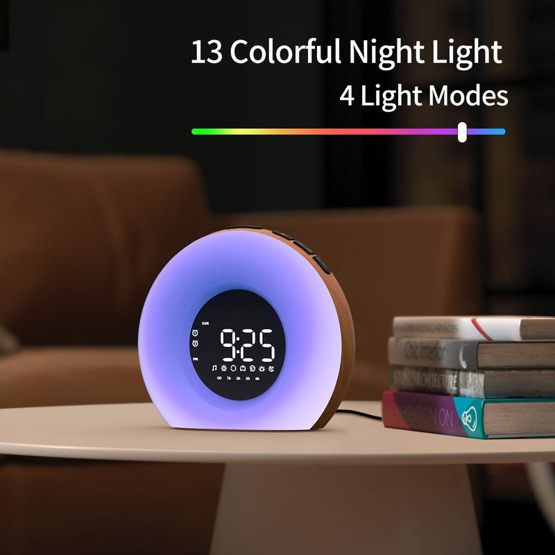 Wake Up Light Sunrise Alarm Clock for Bedroom Sunrise Sunset Simulation 23 Natural Sounds 13 Colors Night Light Dual Alarms and Snooze Sleep Aid for Heavy Sleepers Kids Adults (Wood Grain) Wood Grain