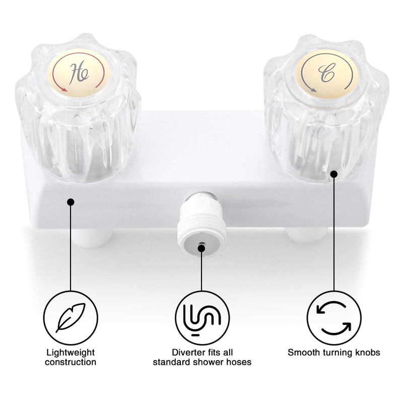 RV Shower Faucet, 4" Shower Valve Diverter with Dual Acrylic Control Knobs, Leak-Proof Design for RV Camper Van Travel Trailer Bathroom (Indoor/Outdoor Use), White