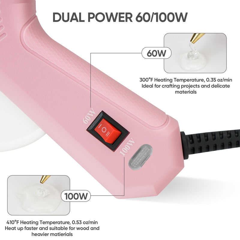ROMECH 60/100W Dual Temp Hot Glue Gun and Sticks Set, Full Size with Case Pink