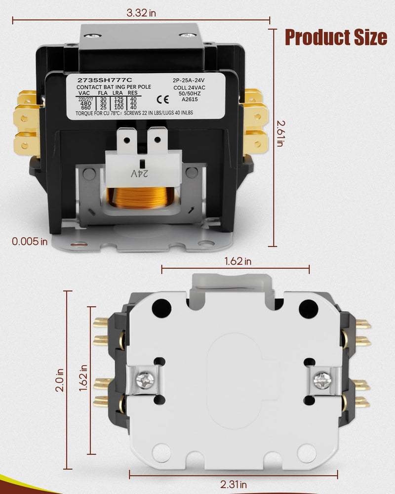 CONT2P025024VS Double Pole Contactor Fit for Goodman/Amana/Daikin/Kenmore, 24V, 25A, 2 Pole Condenser Contactor