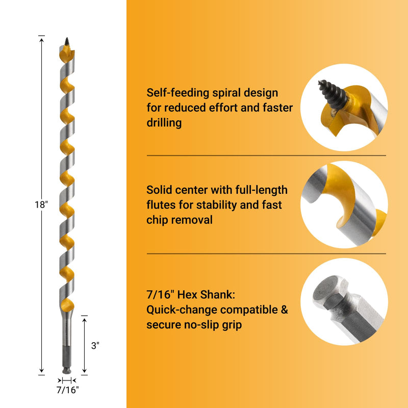 7/8" x 18" Ship Auger Bit, 7/16" Hex Shank, Heavy-Duty One-Piece Wood Drill Bit for Nail-Embedded Hardwood & Marine Decking 7/8" x 18" Auger Drill Bit for Marine Decking