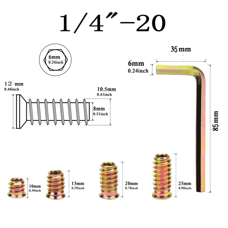 100pcs Threaded Inserts for Wood, Screw in Nut Fastener Connector, Steel Hex Drive Nut Inserts for Home Office Furniture (Gold, 1/4"-20 x15mm) 1/4"-20 x15mm-100pcs Gold