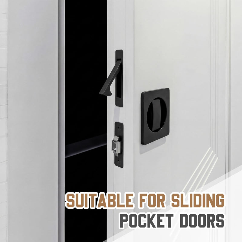 Hicarer 1 Set Pocket Door Privacy Lock with Edge Pull, 2-3/8" Backset, Stainless Steel, 2 Sided Recessed Knob, Pocket Door Hardware for 1-3/8" to 2-3/16" Bathroom & Sliding Doors (Square,Black) Black Square