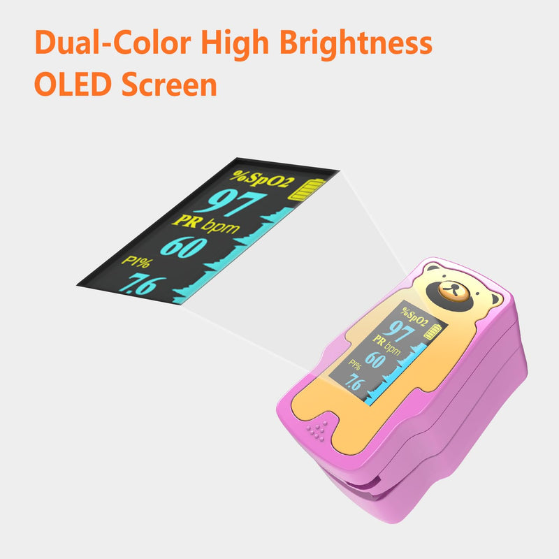 Pediatric Pulse Oximeter, OLED Display Oxygen Monitor Fingertip for Children, Baby & Kids, Blood Oxygen Saturation Monitor (SpO2) Pink