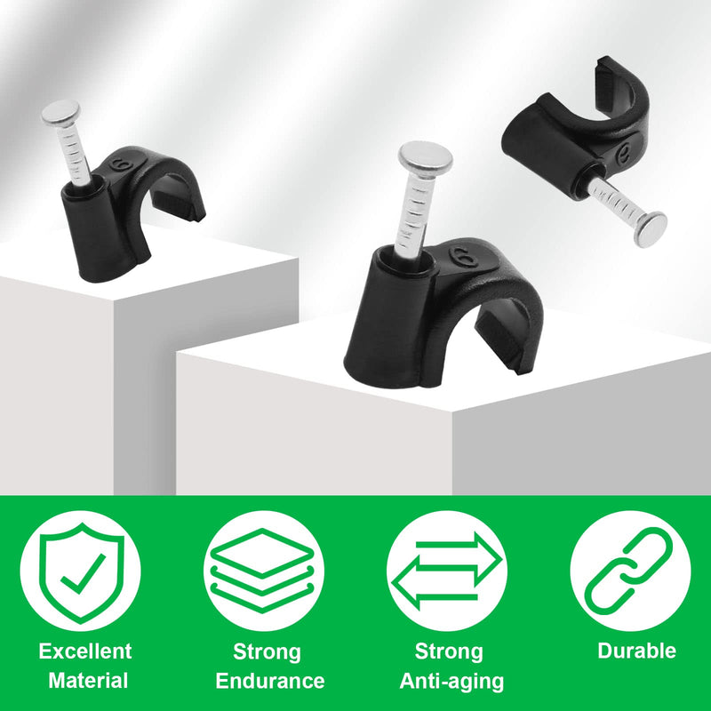 200pcs 1/4" / 6mm Half Clamp J-Hook with Nail, Nail in Cable Clips Ethernet Cable Nails Tacks Clips, Black 1/4" / 6mm, 200 PCS