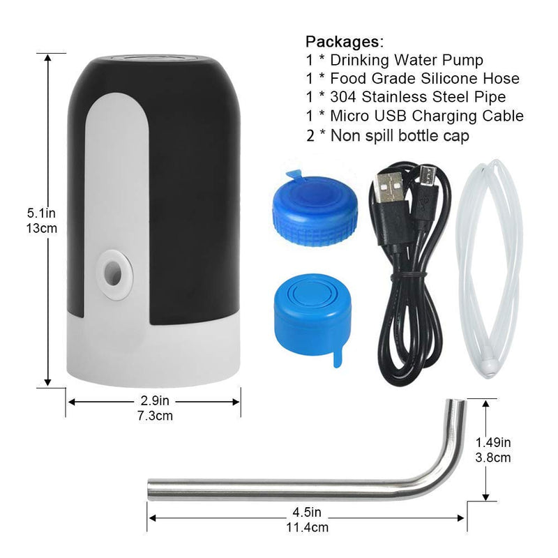 CHIVENIDO 5 Gallon Water Dispenser - Water Bottle Pump with Reusable Caps for Screw Top or Crown Tops, USB Charging Water Jug Dispenser for Universal 2-5 Gallon Bottle Black