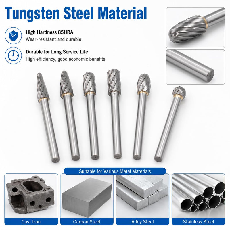 Cylinder Head Porting Kit, Tungsten Steel Carbide Burr Set for Die Grinder, Rotary Burr Bits for Grinding, Polishing and Shaping Cast Iron, Carbon Steel, Metal