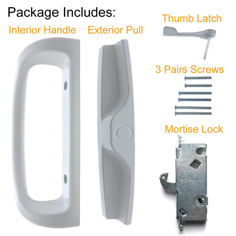 Patio Door Handle Set + Mortise Lock 45° Perfect Replacement for Sliding Glass Door Fits 3-15/16” Screw Hole Spacing, Non-keyed with Latch Locks,White Diecast,Reversible Design(Non-Handed) White