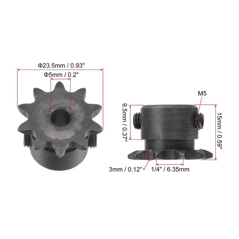 uxcell #25 Chain Roller Sprocket, 5mm Bore 1/4" Pitch 10 Tooth Single Strand Chain Sprocket, C45 Carbon Steel 25 Roller Chain Sprocket with Set Screws for ISO 04C Chain, 2Pcs 23.5mmx5mm