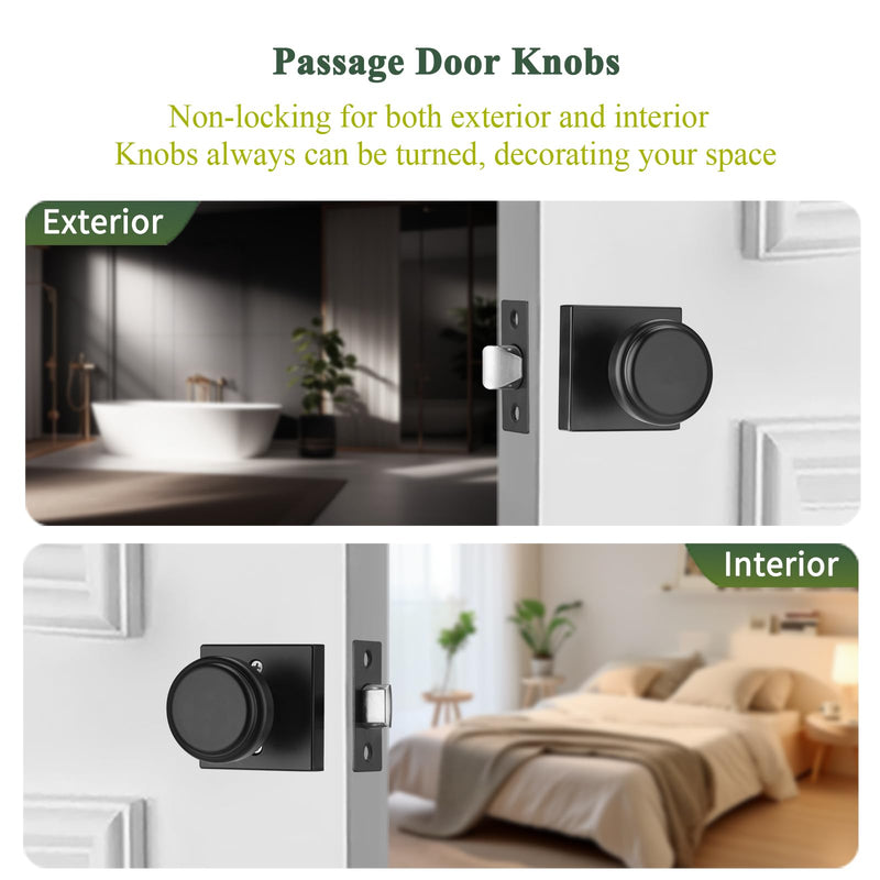 parro Black Door Knobs Interior, Passage Door Knob with Non Locking | Zinc Square Rosette, Door Handles for Hall & Closet 6-Hall