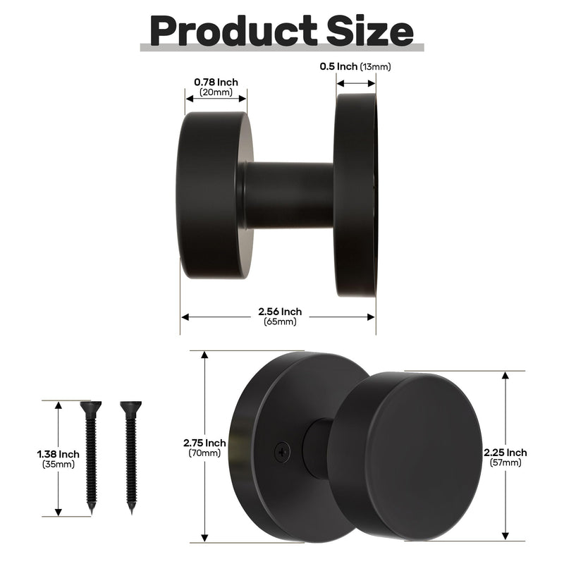 2 Pack Matte Black Dummy Door Knob Interior, Black Door Knobs for Bifold and Closet Doors, Heavy Duty Round Modern Door Handle 2 Pack Dummy