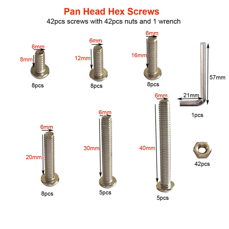 84Pcs M6 x 8mm,12mm,16mm,20mm,30mm,40mm Hex Pan Head Cap Bolts Nuts Screws Assortment Set 304 Stainless Steel Allen Socket Drive Machine Screws with Wrench (84PCS M6 Hex Screws Nuts) 84PCS M6 Hex Screws Nuts