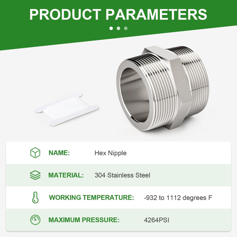 TAISHER 1pcs Hex Nipple 304 Stainless Steel NPT 3"NPT Male Pipe Fitting 3"MNPT 1