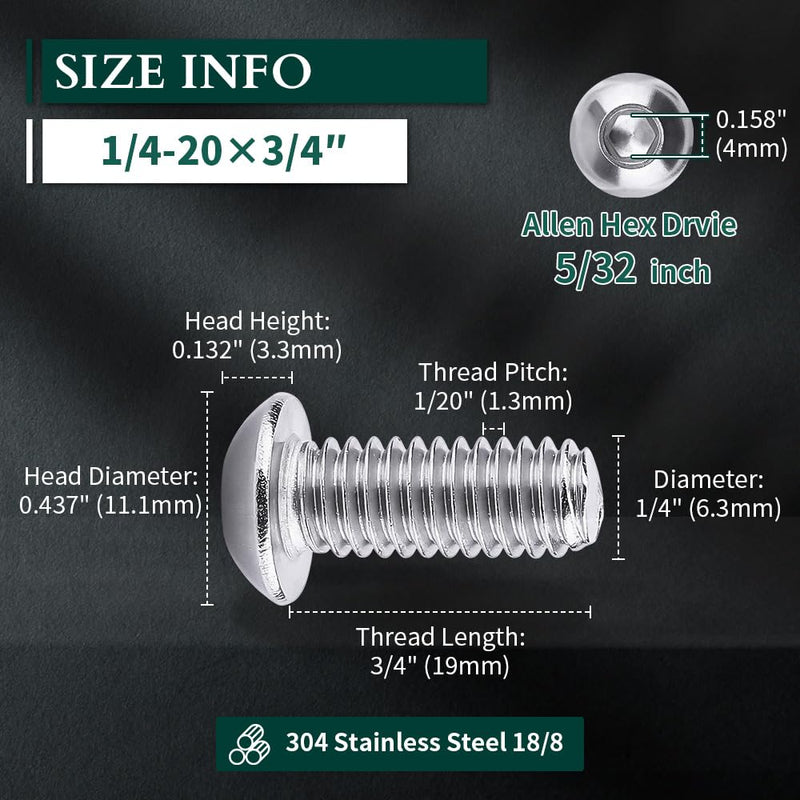1/4-20 x 3/4" Button Head Socket Cap Bolts Screws, 304 Stainless Steel 18-8, Allen Hex Drive, Bright Finish, Fully Machine Thread, Pack of 25 1/4-20 x 3/4
