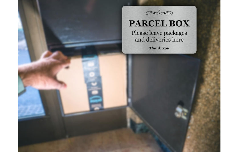 Parcel Box (Mail Box) Sign - Manufactured from Aluminium Metal with Adhesive. Notice for Deliveries, Package delivery Boxes for Outside. Silver