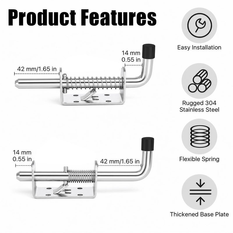 6 Pcs Barrel Bolt Latch Pin, 5 Inch Spring Loaded Latch Pin, 304 Stainless Steel Trailer Gate Spring Latch, Heavy Duty Spring Locking Barrel Bolt for Door Cabinet Chest Trailer Gate, Silver