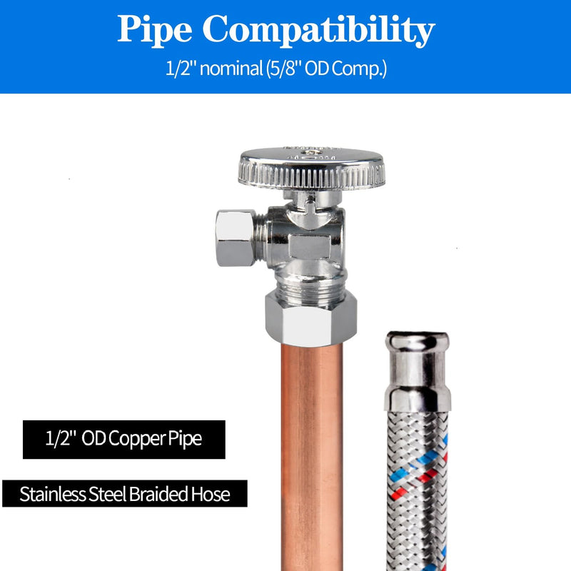 Stop Valves, 2 Pack 1/2" × 3/8" Angle Stop Valve, 1/2" Nominal (5/8" OD Comp.) Angle Input, 3/8" OD Compression Output, 1/4 Turn, Chrome Plated Brass for Kitchen, Faucet, Toilet Valves 2 Pack Nominal Angle Valve