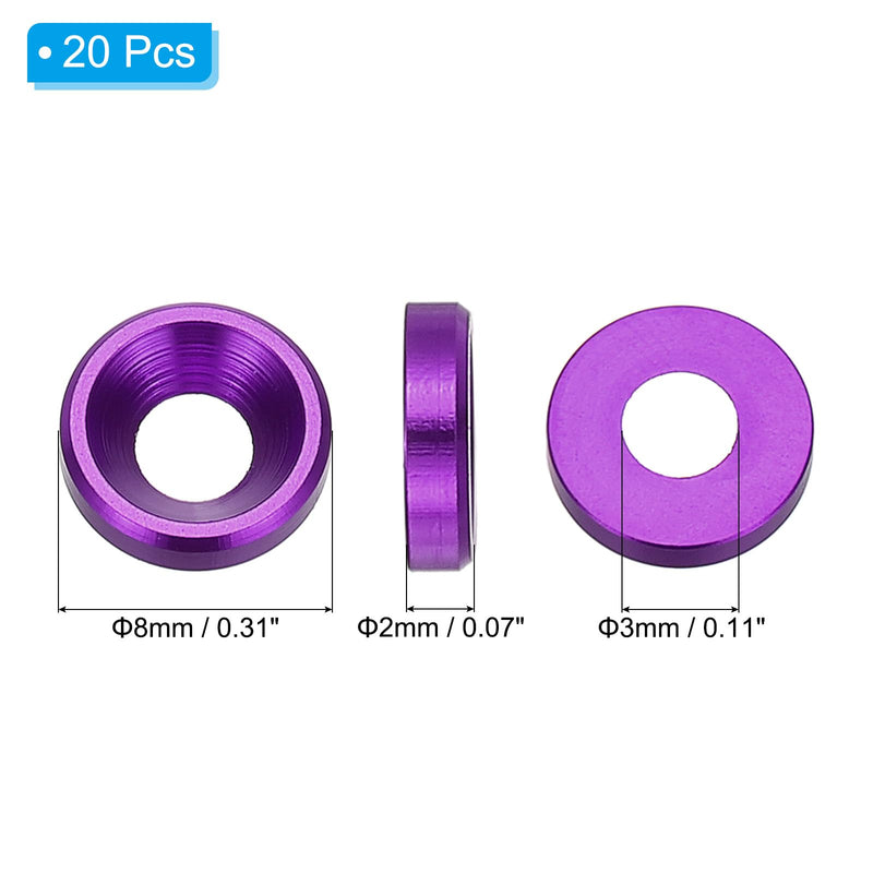 PATIKIL M3 Finishing Countersunk Washers, 20 Pack Head Washers Alloy Aluminum Screw Gaskets for Screw Bolt RC FPV PC Mechanical Accessories Parts, Purple